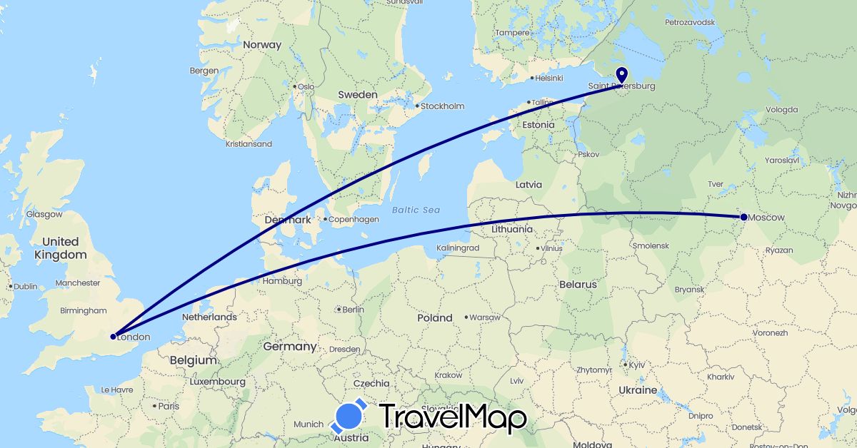 TravelMap itinerary: driving in United Kingdom, Russia (Europe)
